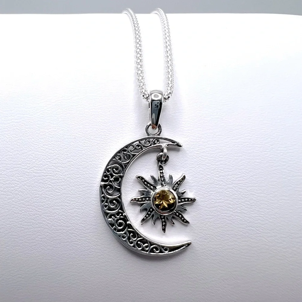 Genuine Citrine .925 Sterling Silver Moon Necklace - Picture 11 of 17